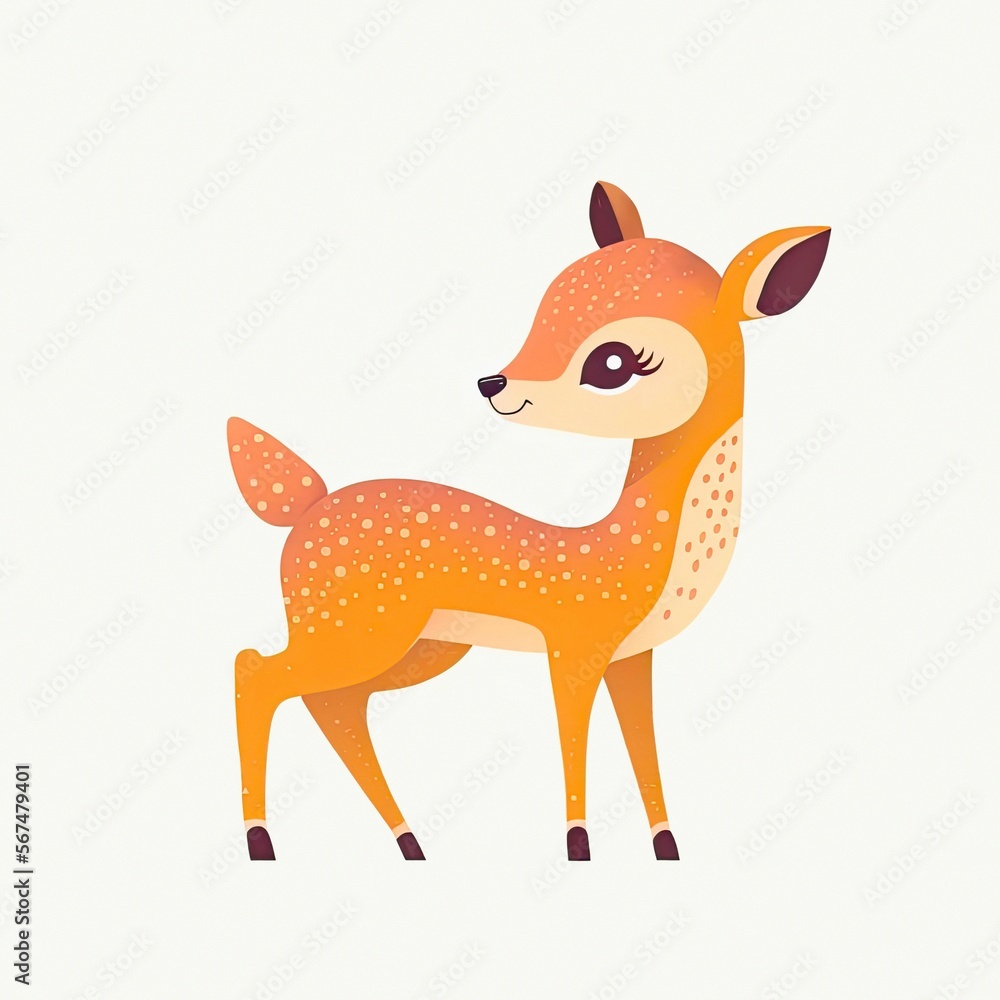 Pretty little doe with light spots on the brown skin. Cute young deer, cartoon character. Generative AI art.