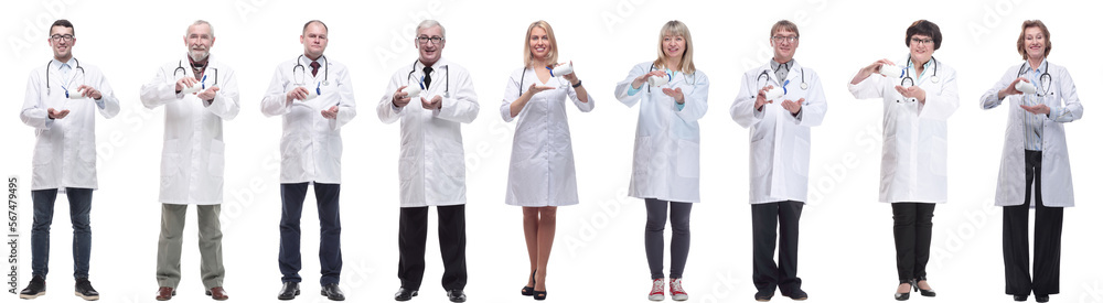 group of doctors holding jar isolated on white group of doctors holding jar isolated on white