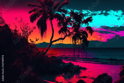 Tropical Island Beach at Sunset with large palm trees, the ocean, a neon colored sky in retro 80's 90's style poster and wallpaper for the hawai holiday vibe - Postproducted generative AI illustration