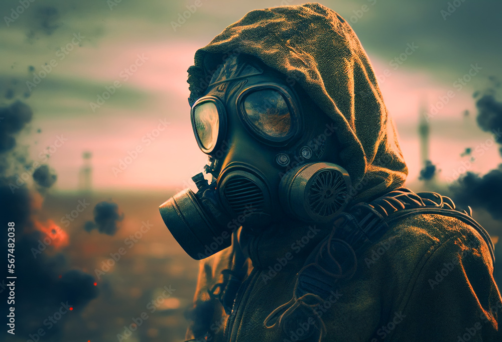 Gas mask on man during explosion. Chemical weapons against civil, destruction of houses and buildings. nuclear war concept. Nuclear explosion as a radioactivity result of world military conflict. AI Gas mask on man during explosion. Chemical weapons against civil, destruction of houses and buildings. nuclear war concept. Nuclear explosion as a radioactivity result of world military conflict. AI