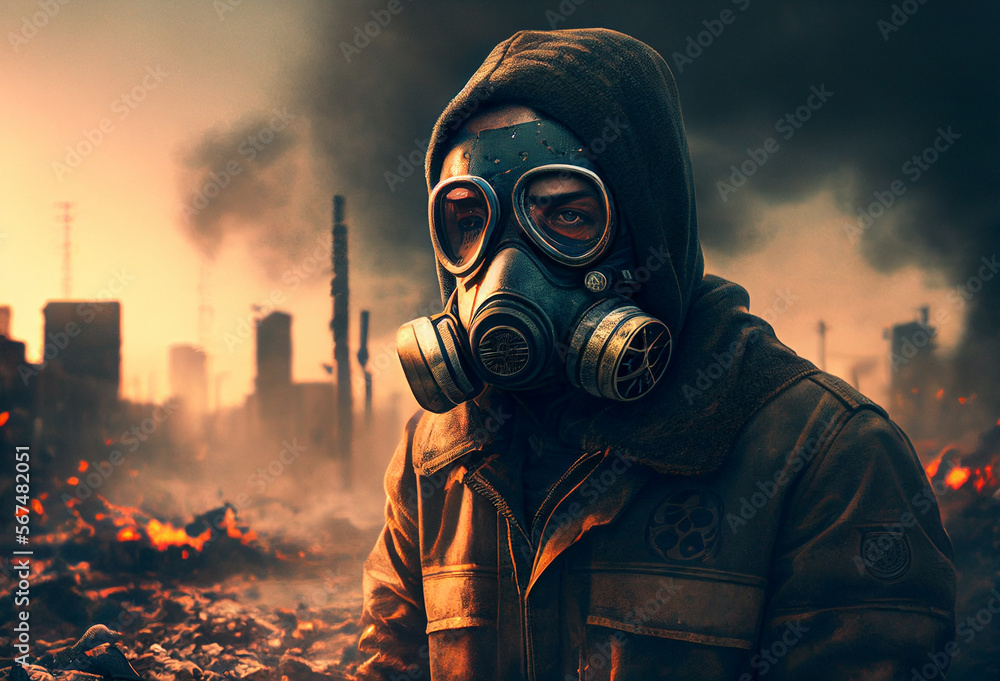 Gas mask on man during explosion. Chemical weapons against civil, destruction of houses and buildings. nuclear war concept. Nuclear explosion as a radioactivity result of world military conflict. AI Gas mask on man during explosion. Chemical weapons against civil, destruction of houses and buildings. nuclear war concept. Nuclear explosion as a radioactivity result of world military conflict. AI