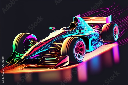 Futuristic Neon Formule 1 Super Car - Glowing bright shining colors fast race card for speed sport on racetrack. A post produced Generative Ai Illustration