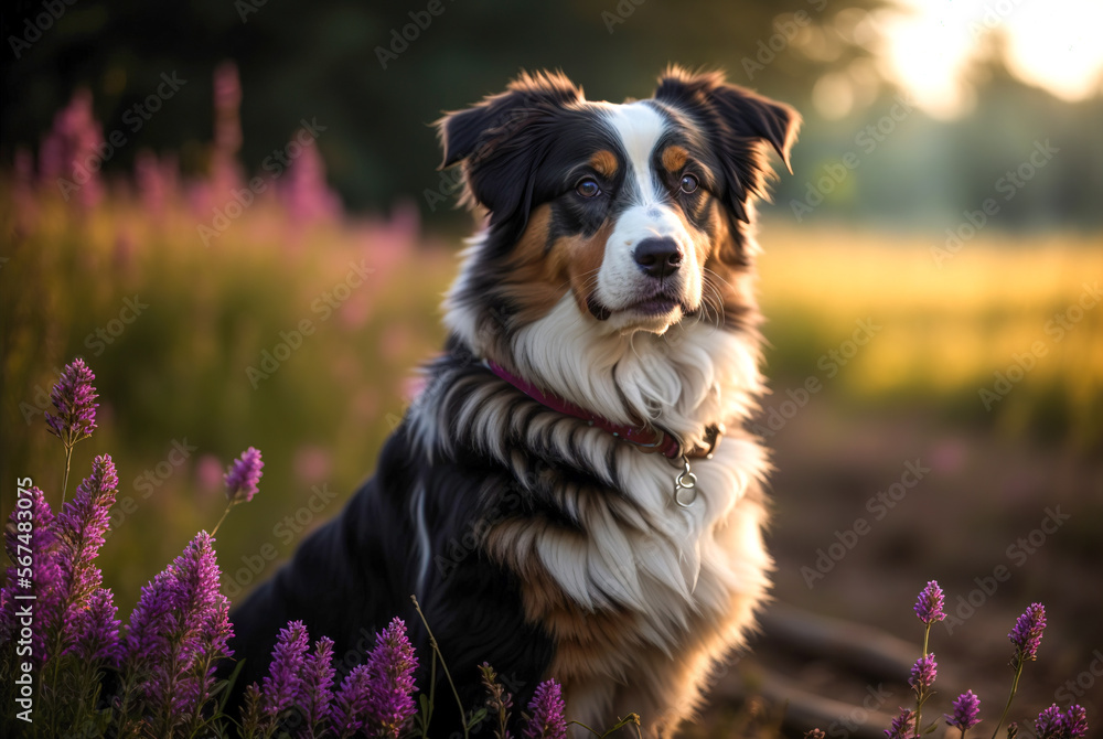 An Australian Shepherd Dog is sitting in a field of wildflowers. Generative AI An Australian Shepherd Dog is sitting in a field of wildflowers. Generative AI