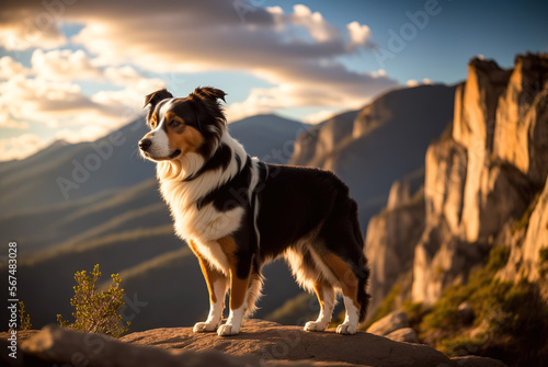A majestic Australian Shepherd stands on a rocky outcropping  gazing off into the distance  with mountains in the background. Generative AI.