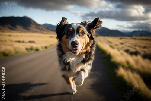An Australian Shepherd Dog running down a road with a bright cloudy sky background. Generative AI