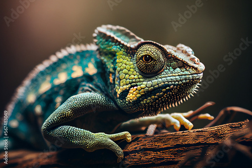 Green colored chameleon close up. Generative AI