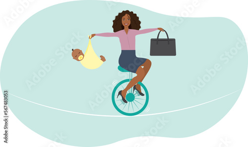 Choice or balance between work and motherhood, businesswoman on monocycle balance herself with baby and briefcase