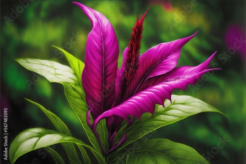  a painting of a purple flower with green leaves on a green and purple background with a black border around the edges of the image and the image.  generative ai