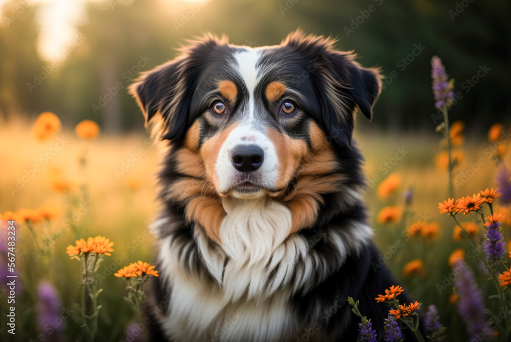 An Australian Shepherd Dog is sitting in a field of wildflowers. Generative AI