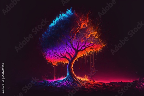 Abstract Fire Tree Landscape Aftermath of Inferno in Bright Neon Colours with Backdrop Background in Futuristic Surreal Graphic Design Concept style- Post produced Generative AI illustration