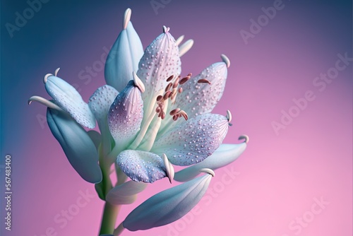  a blue flower with drops of water on it's petals and a pink background with a blue sky in the background and a pink background.  generative ai