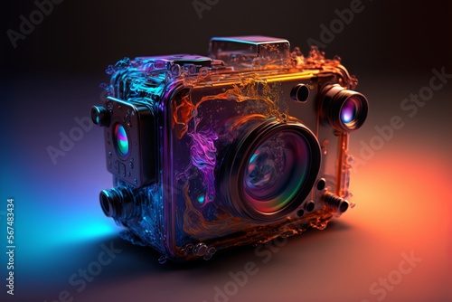Abstract Futuristic yet Antique Photo Film Camera with surreal elements in liquid rainbow Colours with an artistic 3d render graphic design concept - post produced generative ai illustration 