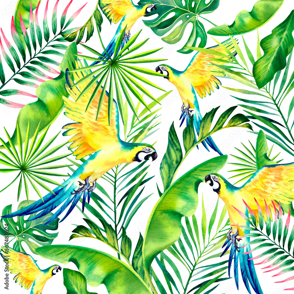 A tropical composition of palm branches and a yellow Macaw parrot. Watercolor illustration. Exotic birds. Monstera. Banana leaves. A tropical composition of palm branches and a yellow Macaw parrot. Watercolor illustration. Exotic birds. Monstera. Banana leaves.