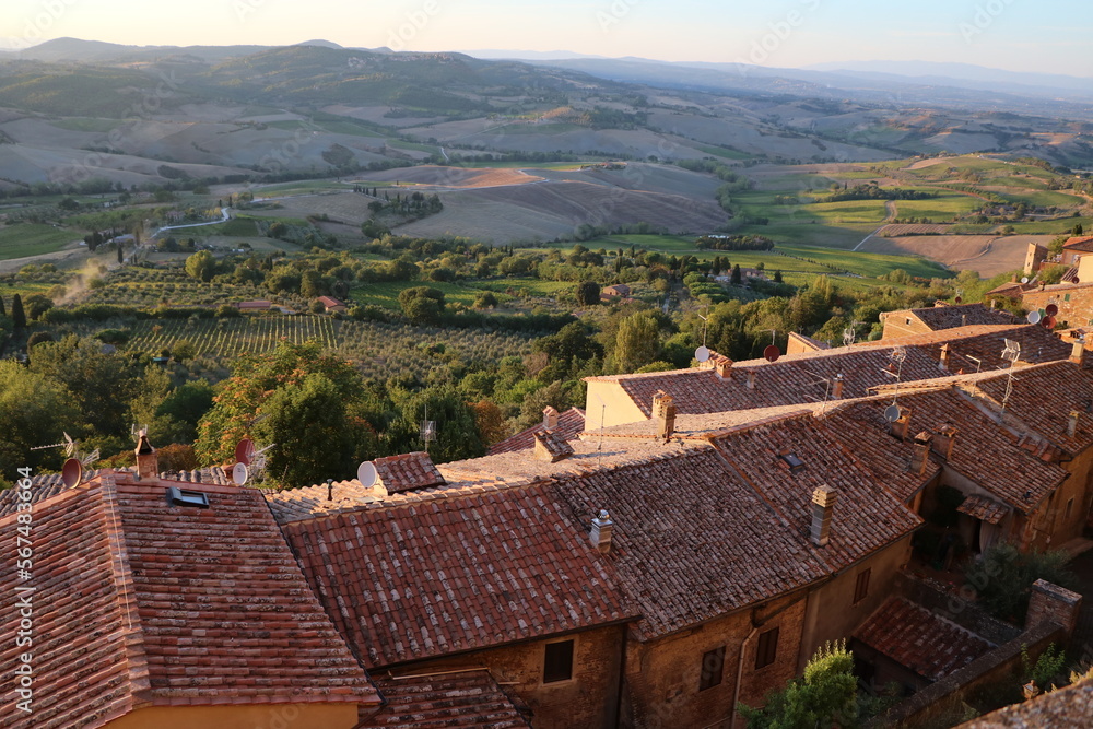 View from Montepulciano at sunset to the valley in summer, Tuscany Italy
