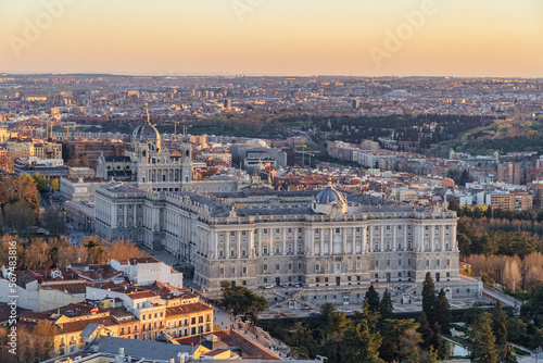 Madrid  Spain. April 6  2022  Panoramic landscape of the royal palace with blue sky and city view.