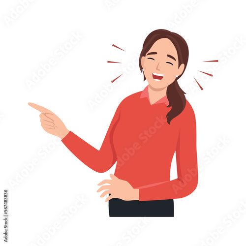 Young woman laughing while pointing. Flat vector illustration isolated on white background