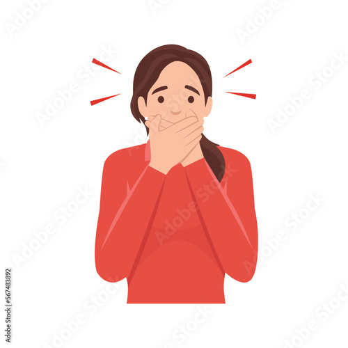 Young woman cartoon character Keep a secret be quiet concept. keeping mouth shut . Flat vector illustration isolated on white background
