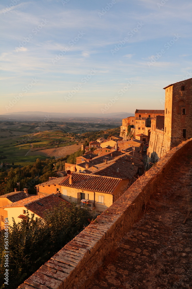 View from Montepulciano to the valley at dusk, Tuscany Italy
