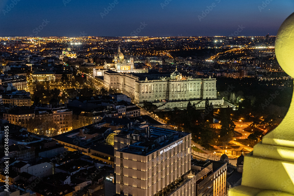 Madrid, Spain. April 6, 2022: Panoramic landscape of the royal palace with blue sky and city view.