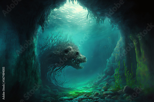 Mystic looking underwater cave with a head of a scary looking beast