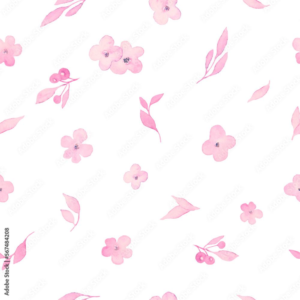 Watercolor seamless pattern with pink flowers, green leaves. Hand drawn floral illustration isolated on white background. Vector EPS.