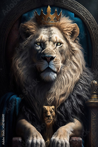 Portrait of the Lion King sitting on a crowned throne  generative ai
