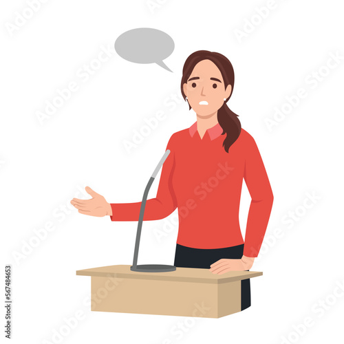 Young Business woman or politician speaking at the podium. Flat vector illustration isolated on white background