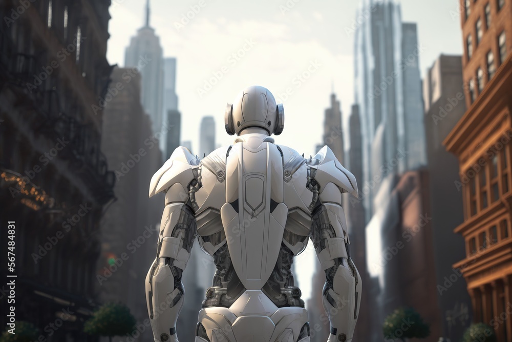 Futuristic 3D humanoid robot ,new you york city on background, Created with Generative AI technology.