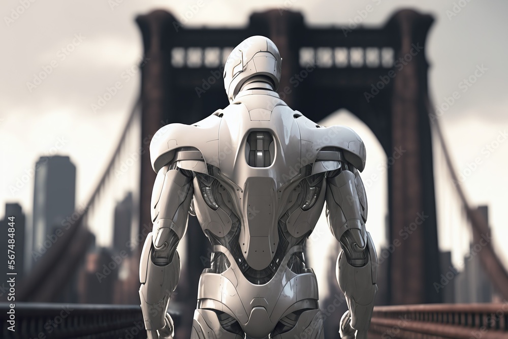 Futuristic 3D humanoid robot ,new you york city on background, Created with Generative AI technology. Futuristic 3D humanoid robot ,new you york city on background, Created with Generative AI technology.