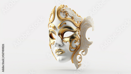 Venetian theater mask or mardi gras, white color with gold, carnael Brazil, white background, 3D style