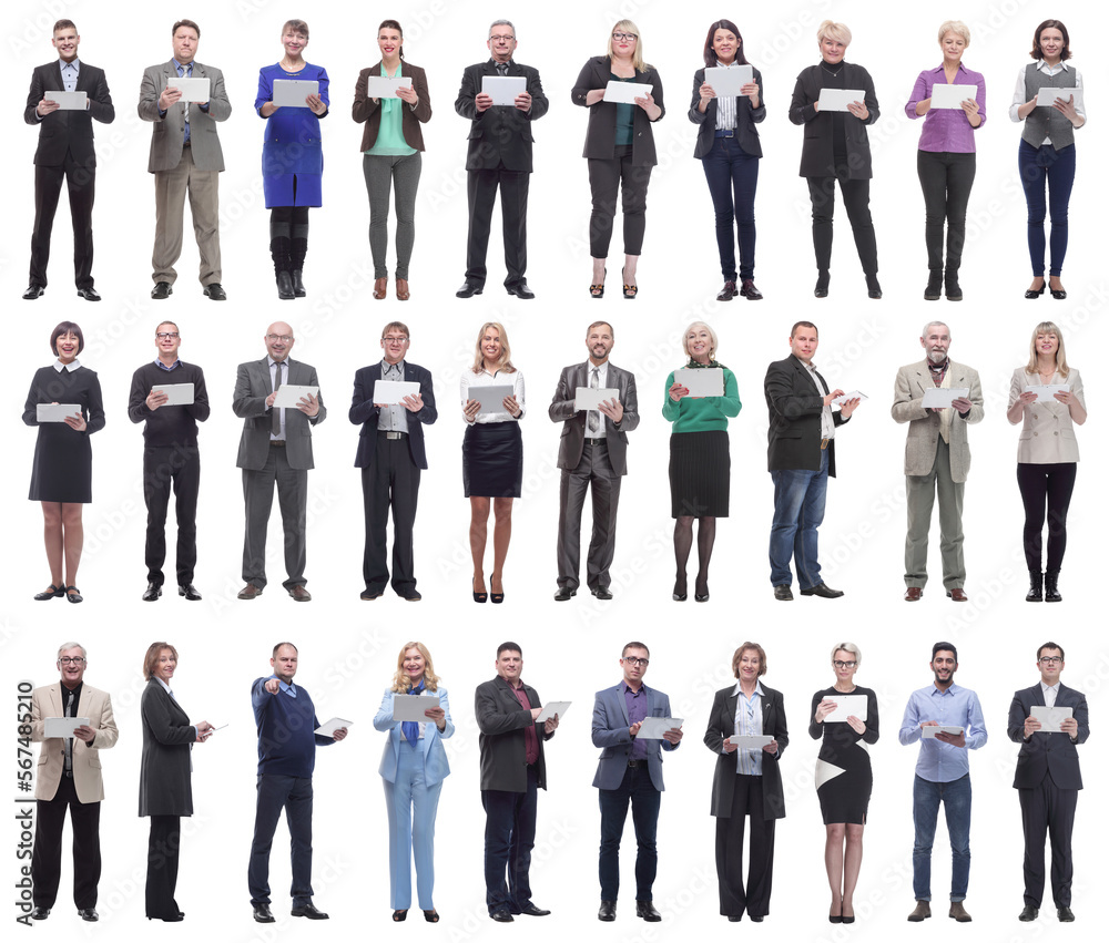 Fototapeta premium group of people demonstrating tablet looking at camera