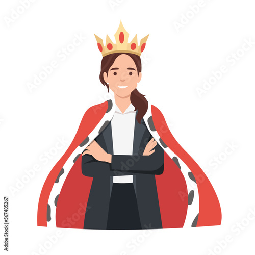 Young businesswoman in crown and robe feel successful. Flat vector illustration isolated on white background