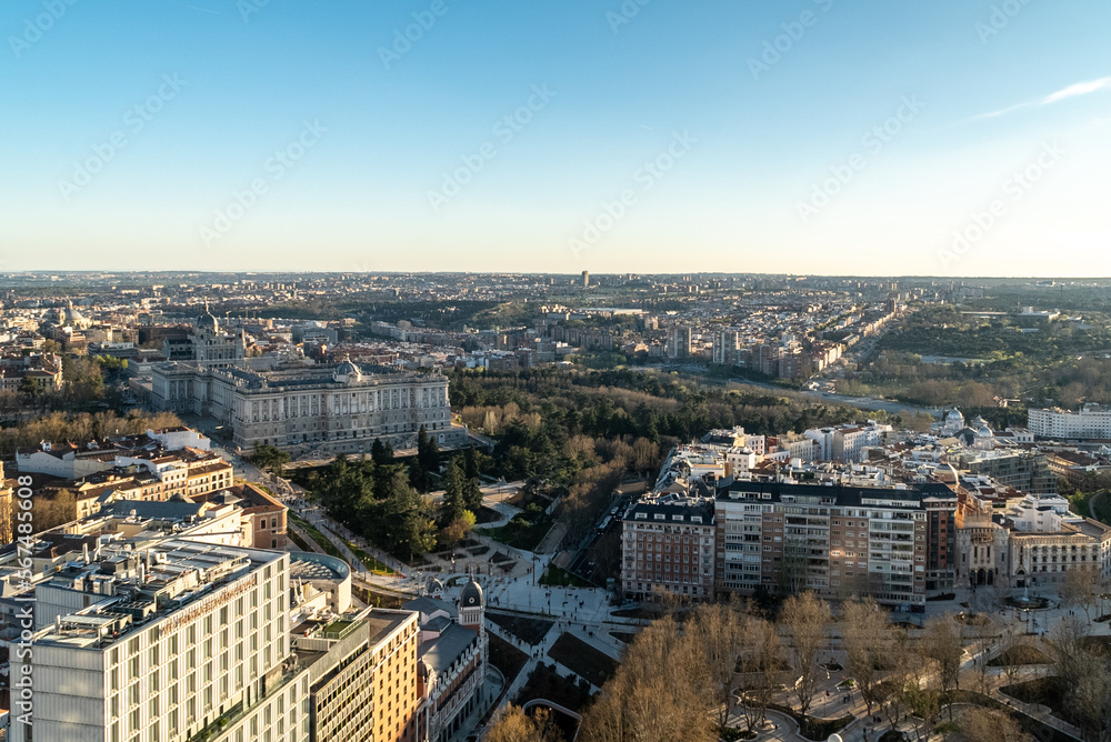 Madrid, Spain. April 6, 2022:Panoramic landscape of Madrid from the Riu Plaza hotel. Madrid, Spain. April 6, 2022:Panoramic landscape of Madrid from the Riu Plaza hotel.