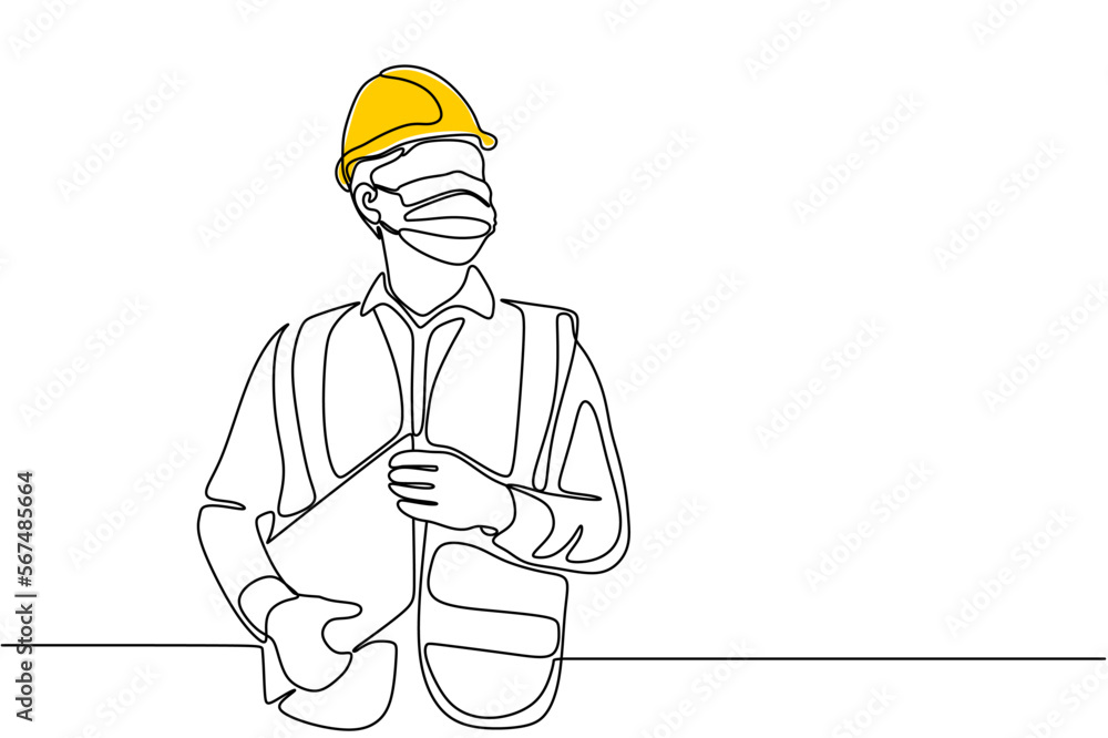 Single continuous line drawing of young construction worker. Building architecture business concept. One line draw design vector Single continuous line drawing of young construction worker. Building architecture business concept. One line draw design vector
