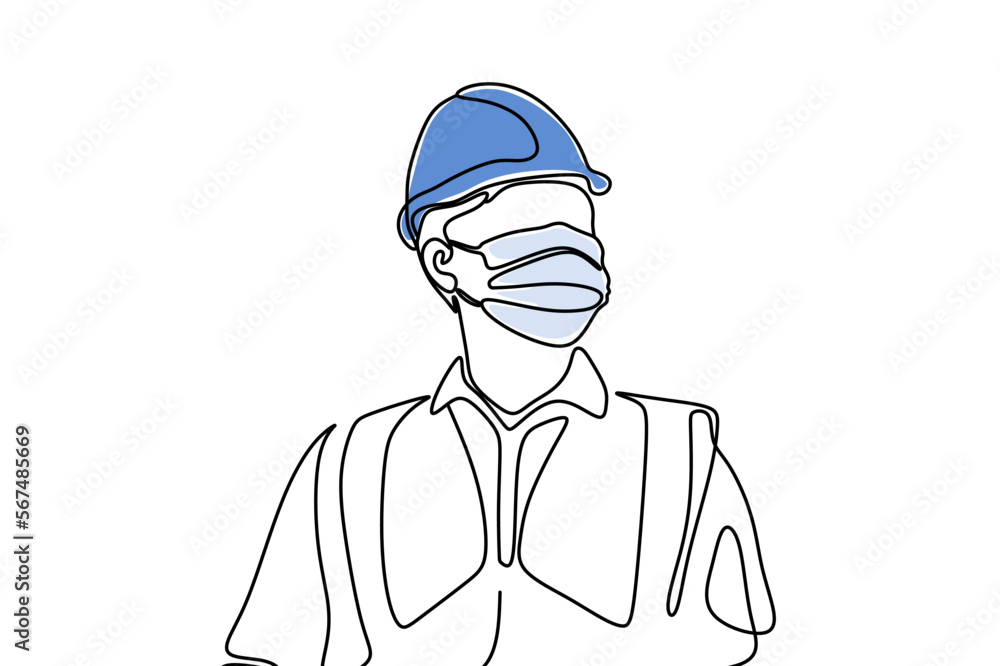 Single continuous line drawing of young construction worker. Building architecture business concept. One line draw design vector Single continuous line drawing of young construction worker. Building architecture business concept. One line draw design vector