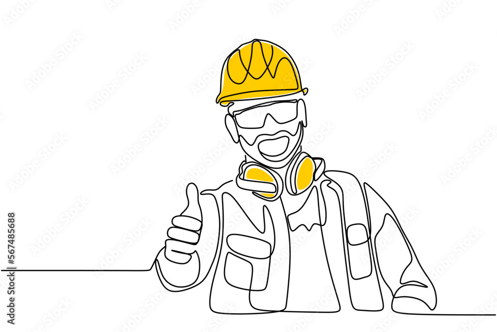 Single continuous line drawing of young construction worker. Building architecture business concept. One line draw design vector Single continuous line drawing of young construction worker. Building architecture business concept. One line draw design vector