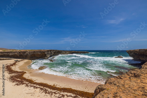 Gorgeous  view of big turquoise waves Atlantic ocean on western rocky coast of island of Aruba. © Alex