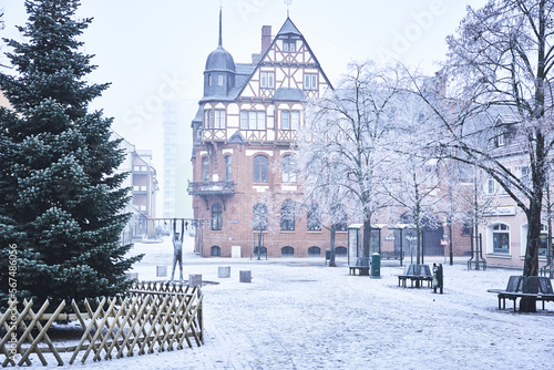 Photography Downtown of Schwedt during winter with snow and trees