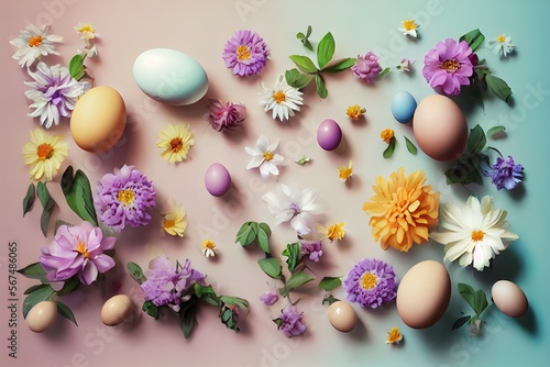 Collor Eggs and Flowers on a table IA