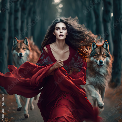Generative ai woman in red dress running with wolves in the woods