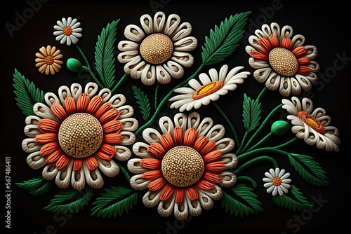 Decorative abstract daisies on black background. Generative AI. 