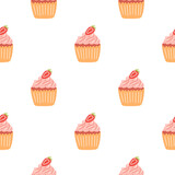 Seamless pattern with delicious cupcake in cartoon style. Vector background with sweets, dessert, pastries