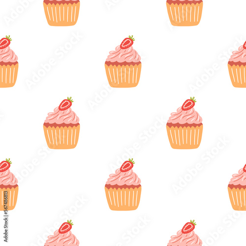 Seamless pattern with delicious cupcake in cartoon style. Vector background with sweets, dessert, pastries
