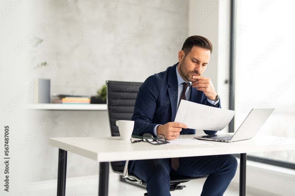 Portrait of handsome businessman in office holding documents, using laptop Portrait of handsome businessman in office holding documents, using laptop