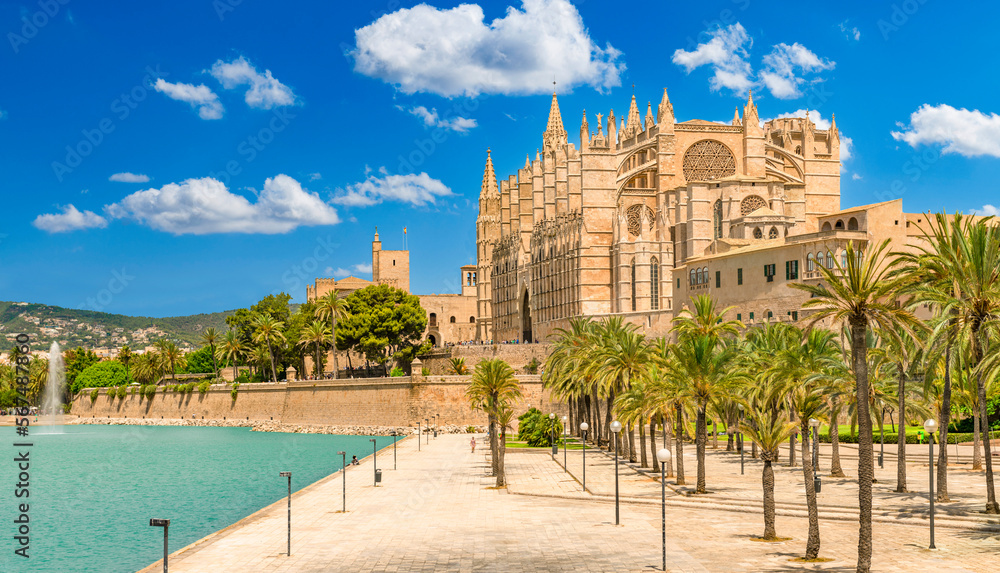 Parc de la Mar with La Seu Cathedral and behind it the Almudaina Palace, Palma de Mallorca