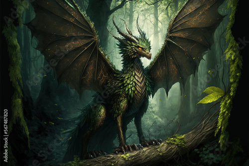 Canvastavla Forest dragon on a green background, fantasy, incredible creation, fantasy monsters, giant lizards, high resolution, wallpapers for phone, illustrations, art