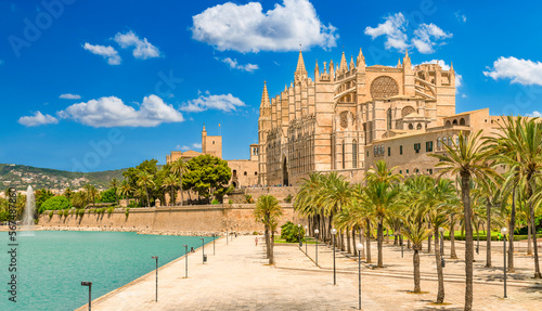 Parc de la Mar with La Seu Cathedral and behind it the Almudaina Palace, Palma de Mallorca