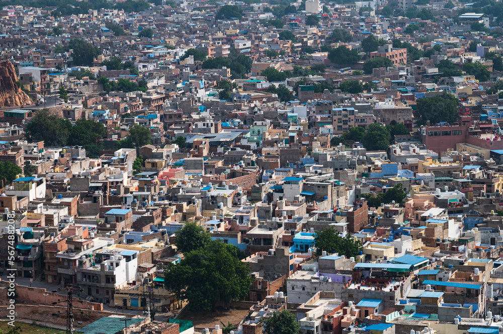 Beautiful top view of Jodhpur city from Mehrangarh fort, Rajasthan, India. Jodhpur is called Blue city since Hindu Brahmis there worship Lord Shiva, whose colour is blue, they painted houses in blue.