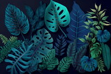Collection of tropical leaves in blue and burgundy colors. Generative AI