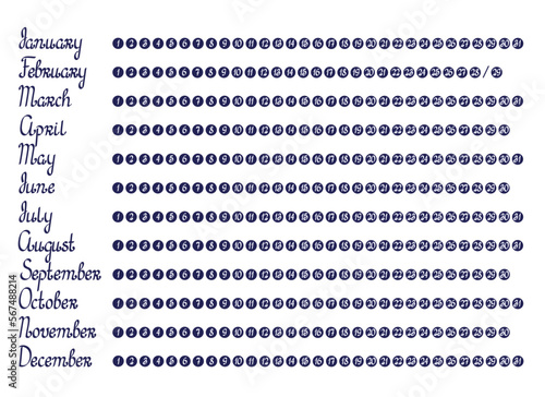 Names of months of year, dates planner stickers printable design elements for calendar, diary, bullet journal decor, flat style simple vector illustration